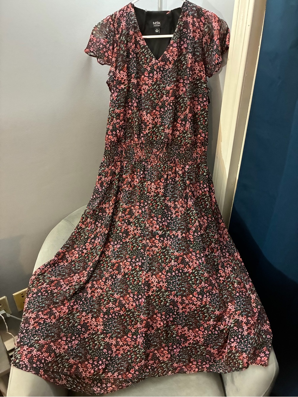 MSK Black Floral Maxi Dress with Pink Print